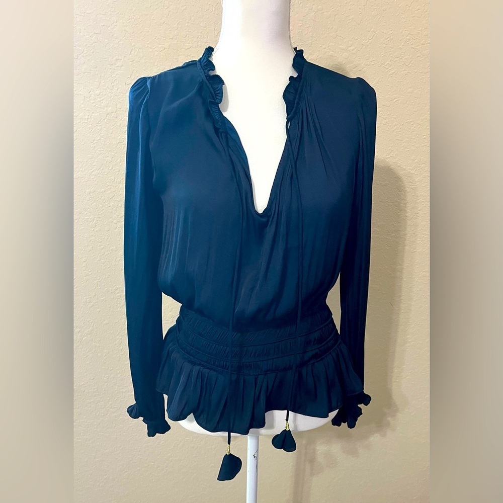 Anthropologie x Current Air Navy Satin Ruched Blouse